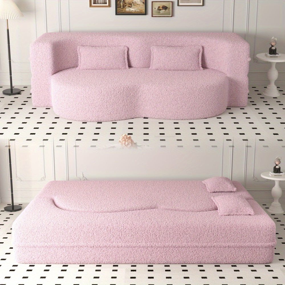 Modern Floor Sofa with 2 Pillows, Convertible Teddy Fabric Foam-Filled Sleeper Sofa Bed, 15\