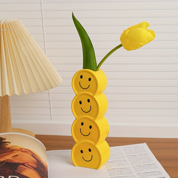 1pc Ceramic Happy Face Bud Vase, Art Deco Cartoon Patterned, Round Shape Boho Centerpiece