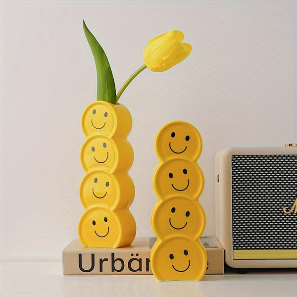 1pc Ceramic Happy Face Bud Vase, Art Deco Cartoon Patterned, Round Shape Boho Centerpiece