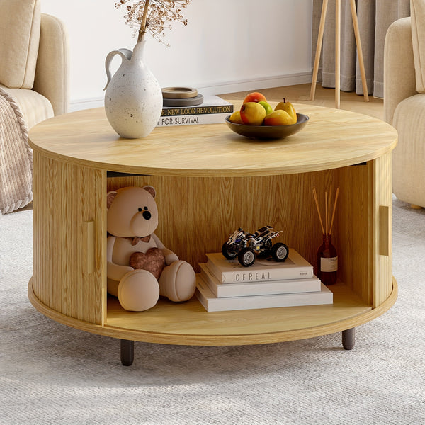 31.5 Inch Wooden Round Coffee Table With Storage Space