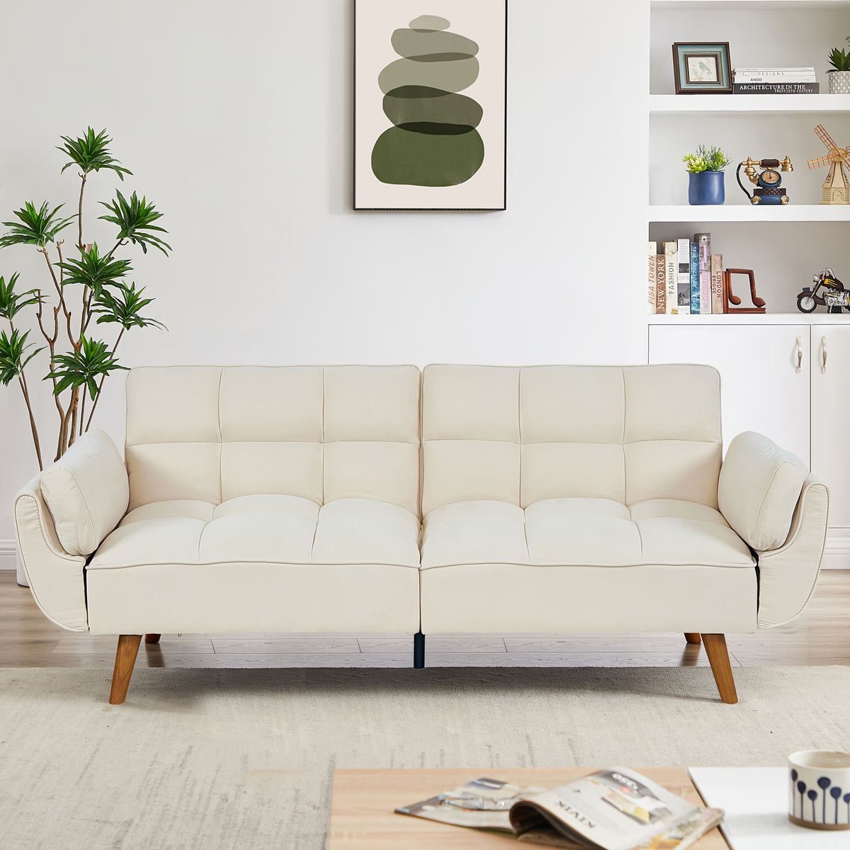 Foldable Sofa Bed, Linen Sleeping Sofa, 75-inch Wide Modern Three-seater Quilted Sofa
