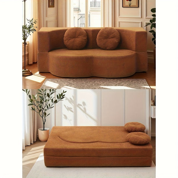Modern Floor Sofa with 2 Pillows, Convertible Teddy Fabric Foam-Filled Sleeper Sofa Bed, 15\