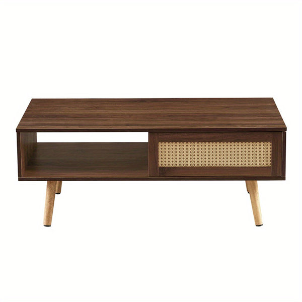 Modern Walnut Coffee Table with Sliding Storage Door & Solid Wood Legs - Space-Saving MDF & Hardwood Construction