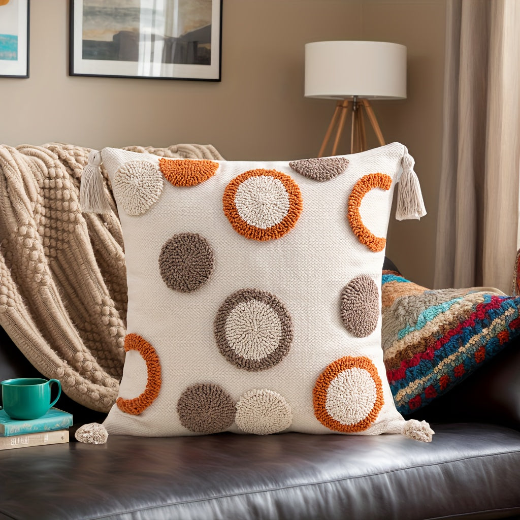 1pc Bohemian Tufted Geometric Circular Pillow Cover with Tassels - Neutral & Multicolor Textured Cushion Case