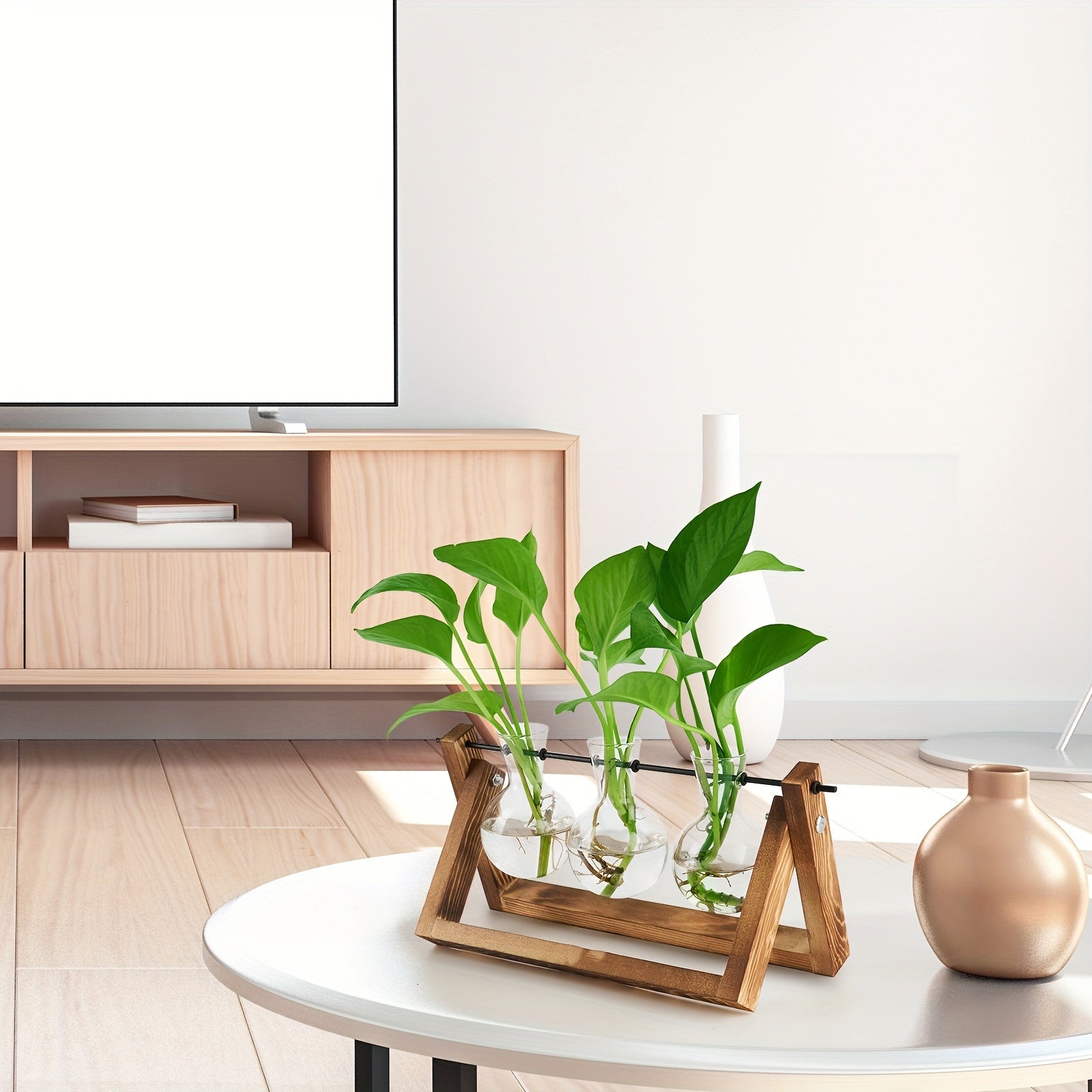 3 Glass Bulb Pots with Stand Set of 3 Glass Plant Containers with Wooden Stand - Glass Bulb Pots