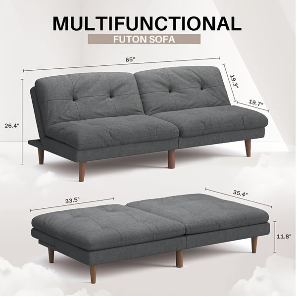 Modern Convertible Futon Sofa Bed - Space-Saving Sleeper Couch with Hardwood-like HDF Frame