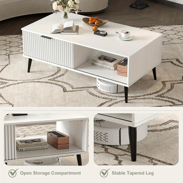 Mid-Century Modern Coffee Table with Sliding Door Storage - Large Rectangle Living Room Center Table