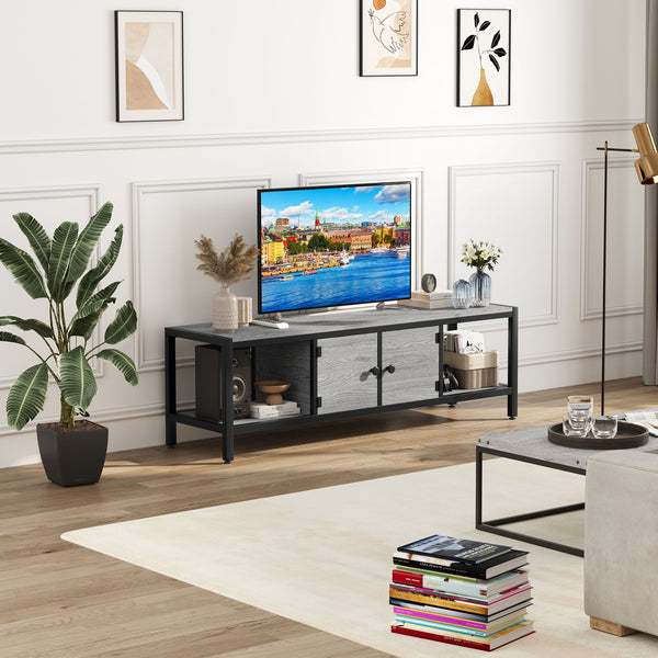 Modern Double Door TV Stand Cabinet with MDF-like - Heavy-Duty Metal, Grey Wood-Look Doors