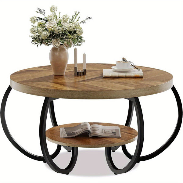 30-inch Round Industrial Modern Coffee Table with Oak Grain Finish & Adjustable Height Legs - Double-Layer Storage Shelf