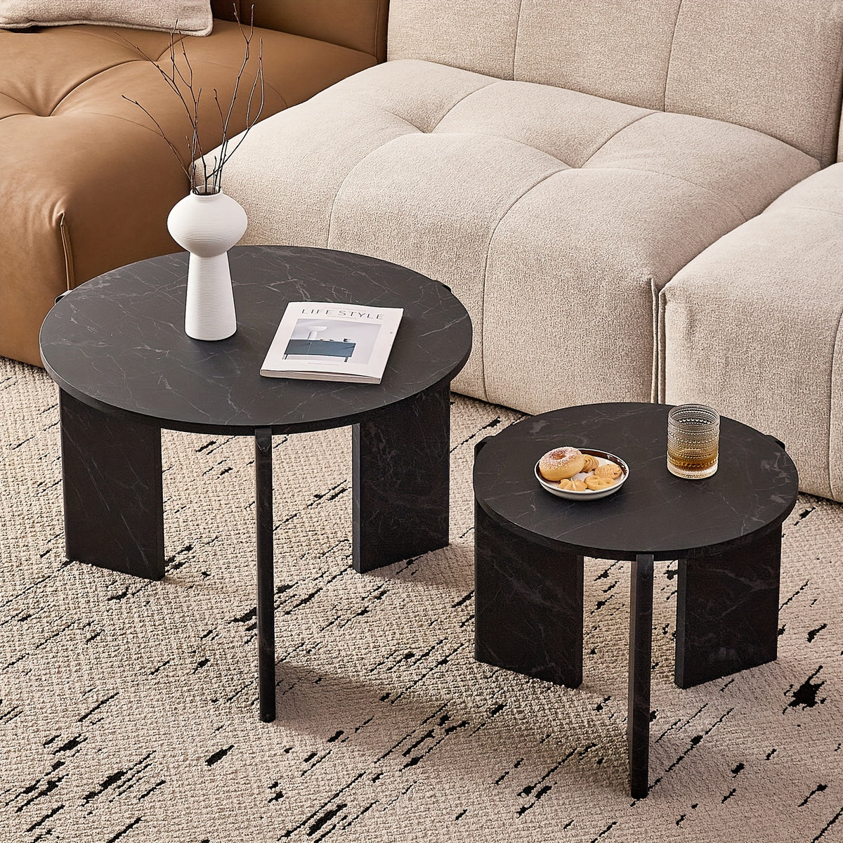 Two Sets of Round Nesting Coffee Tables, Mid-Century Modern Round Side Tables