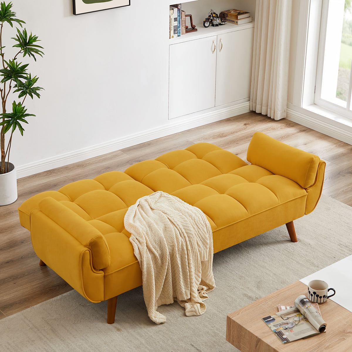 Foldable Sofa Bed, Linen Sleeping Sofa, 75-inch Wide Modern Three-seater Quilted Sofa