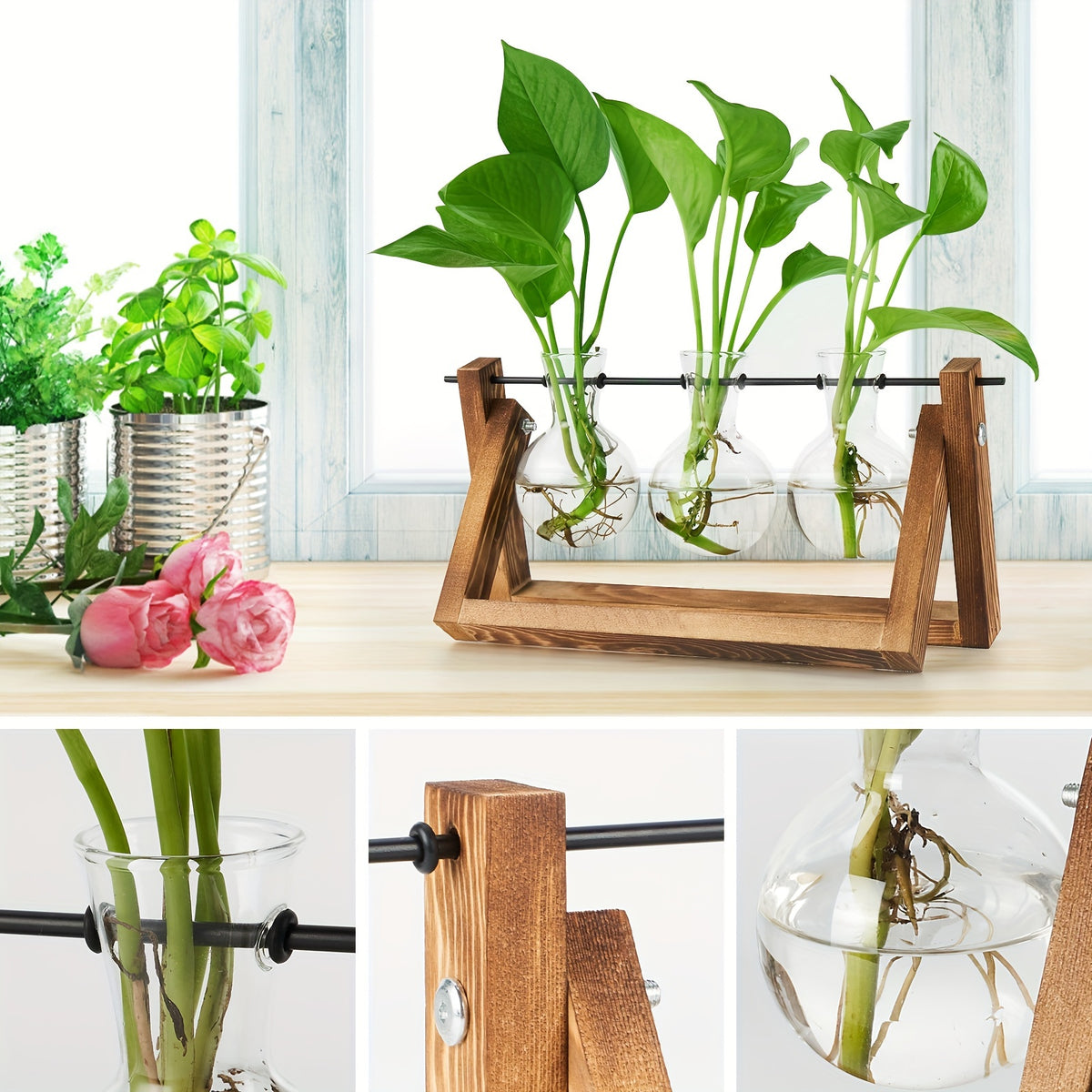 3 Glass Bulb Pots with Stand Set of 3 Glass Plant Containers with Wooden Stand - Glass Bulb Pots