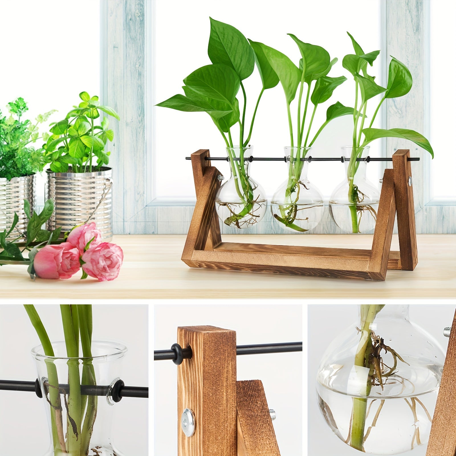3 Glass Bulb Pots with Stand Set of 3 Glass Plant Containers with Wooden Stand - Glass Bulb Pots