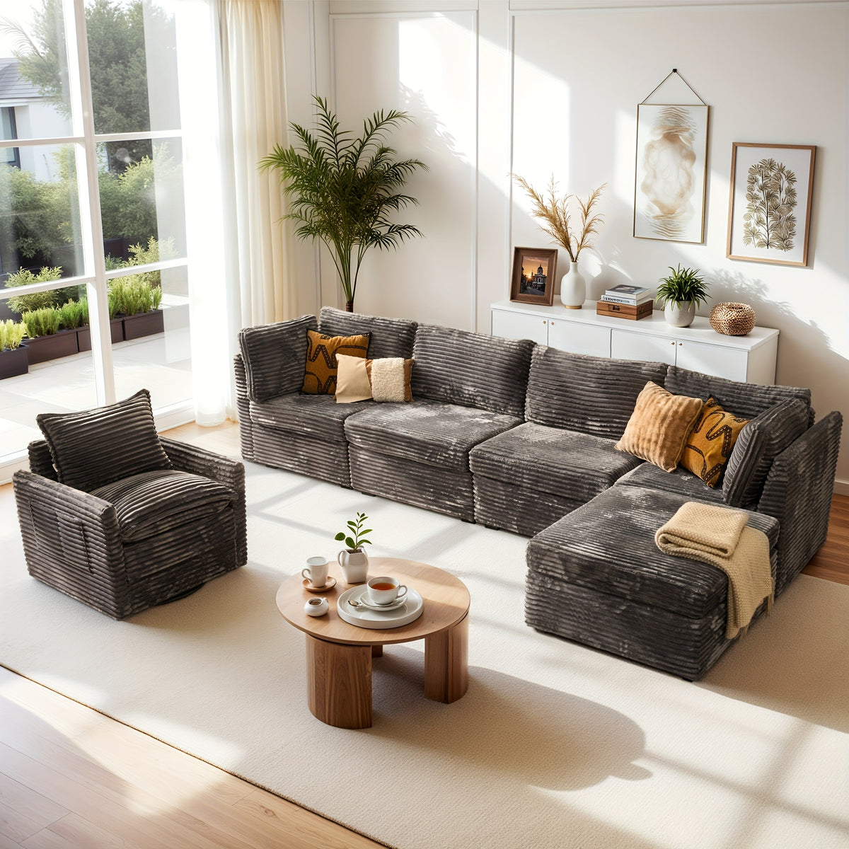 Living Room Sectional Sofa for Large Space, Deep Seat Modular Couch with A Single Rocking Sofa Chair