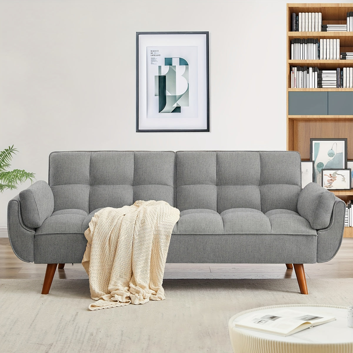 Foldable Sofa Bed, Linen Sleeping Sofa, 75-inch Wide Modern Three-seater Quilted Sofa