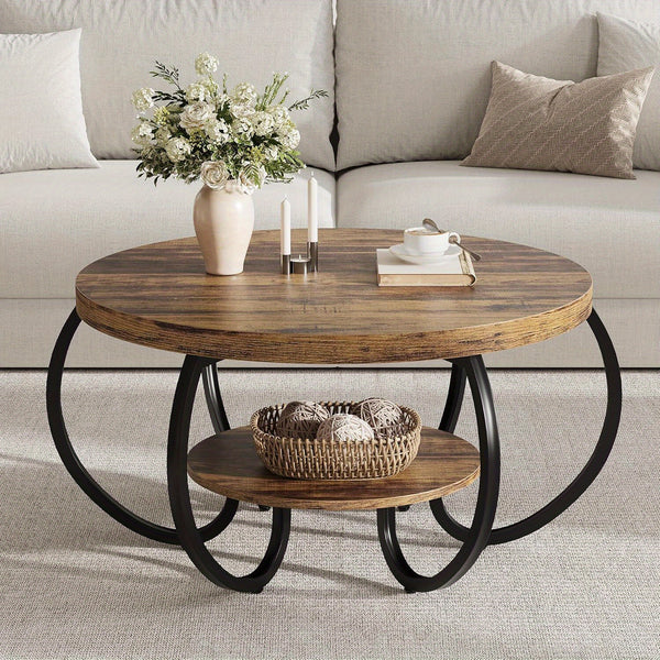 30-inch Round Industrial Modern Coffee Table with Oak Grain Finish & Adjustable Height Legs - Double-Layer Storage Shelf