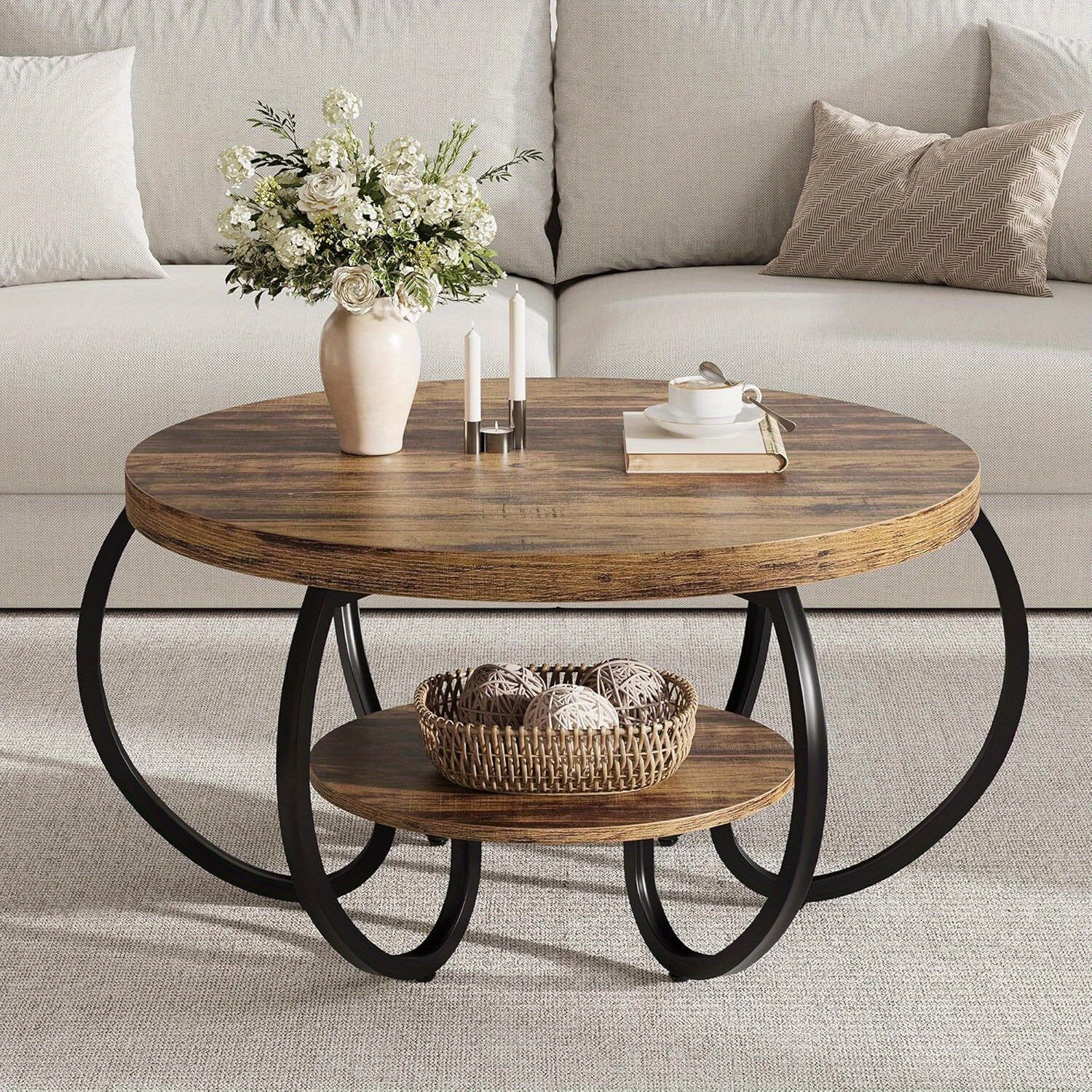 30-inch Round Industrial Modern Coffee Table with Oak Grain Finish & Adjustable Height Legs - Double-Layer Storage Shelf