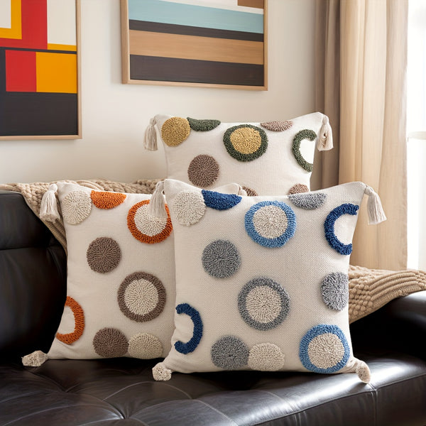 1pc Bohemian Tufted Geometric Circular Pillow Cover with Tassels - Neutral & Multicolor Textured Cushion Case