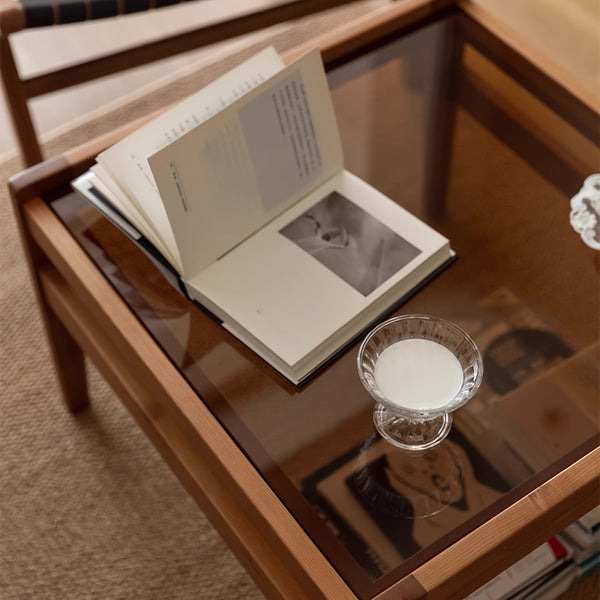 Modern Minimalist Coffee Table - Solid Wood & Brown Tempered Glass Top