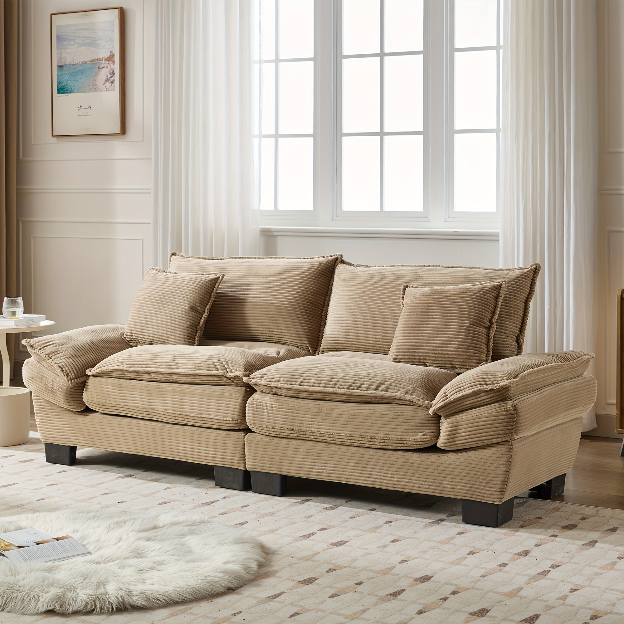 2-Seat Modular Sectional Sofa With Deep Seating, Corduroy Double-Layer Seat Cushions, Memory Foam