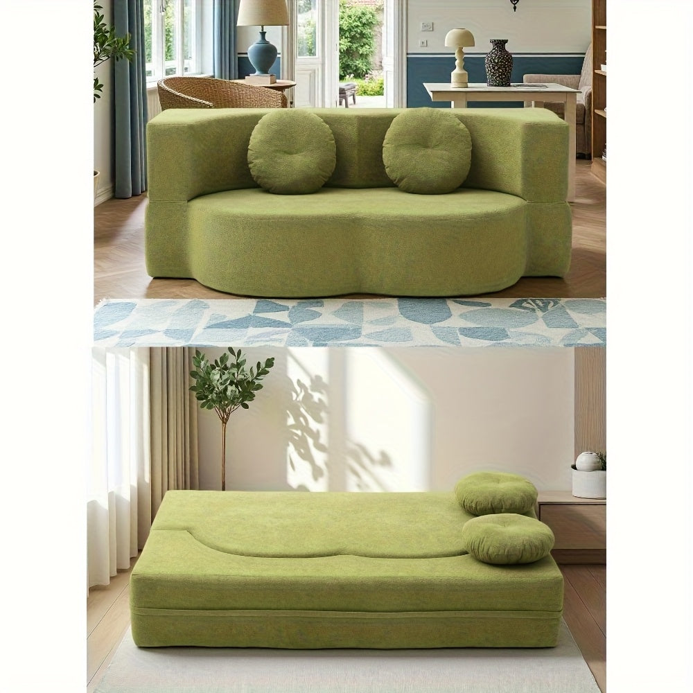 Modern Floor Sofa with 2 Pillows, Convertible Teddy Fabric Foam-Filled Sleeper Sofa Bed, 15\