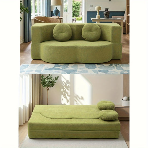 Modern Floor Sofa with 2 Pillows, Convertible Teddy Fabric Foam-Filled Sleeper Sofa Bed, 15\