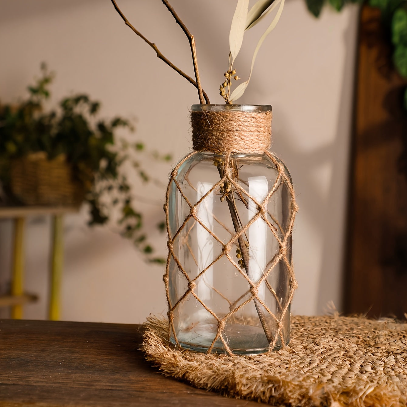 1\u002F2pcs Vintage Bohemian Flower Vase, Hand-woven Transparent Glass Cylinder Vase
