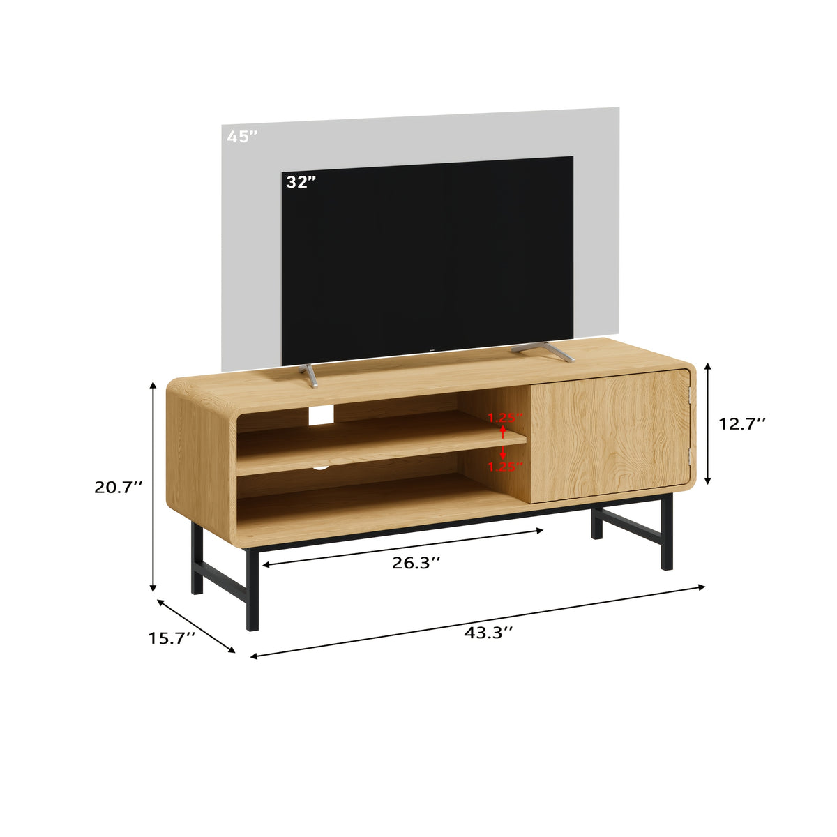 45-Inch Modern Farmhouse Boho TV Stand with Storage Cabinets & Open Shelves - Light Wood Veneer Finish Entertainment Center