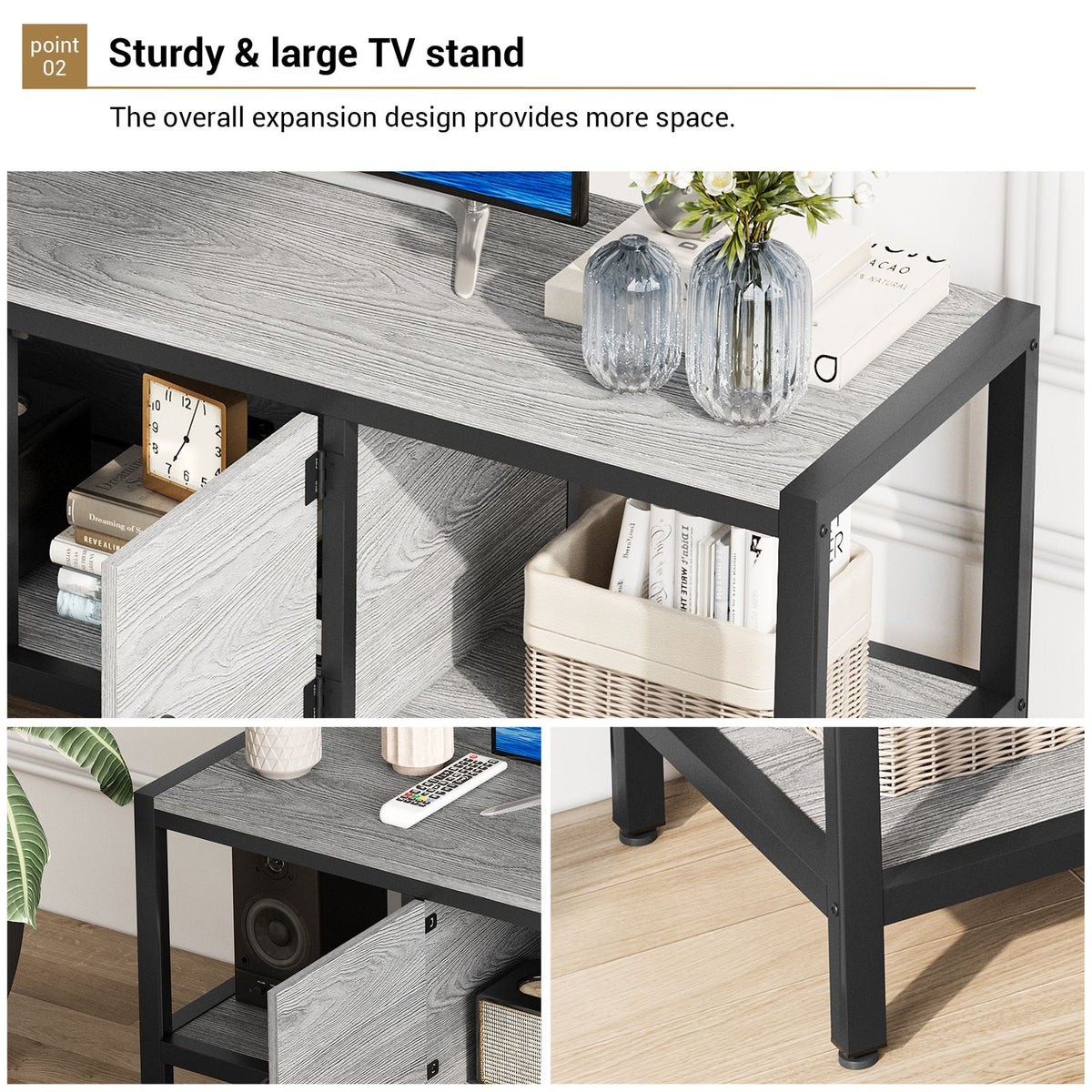 Modern Double Door TV Stand Cabinet with MDF-like - Heavy-Duty Metal, Grey Wood-Look Doors