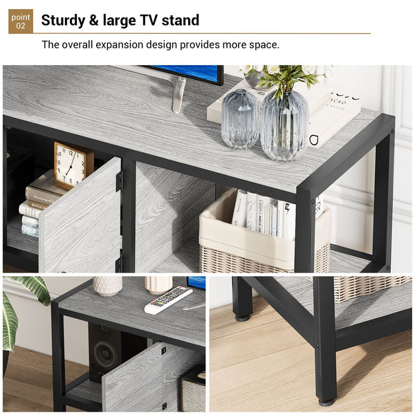 Modern Double Door TV Stand Cabinet with MDF-like - Heavy-Duty Metal, Grey Wood-Look Doors
