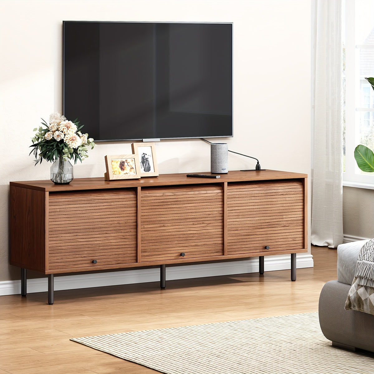 Walnut TV Stand Mid-Century Modern Walnut TV Stand - 59 Inch Entertainment Center with Power Outlet