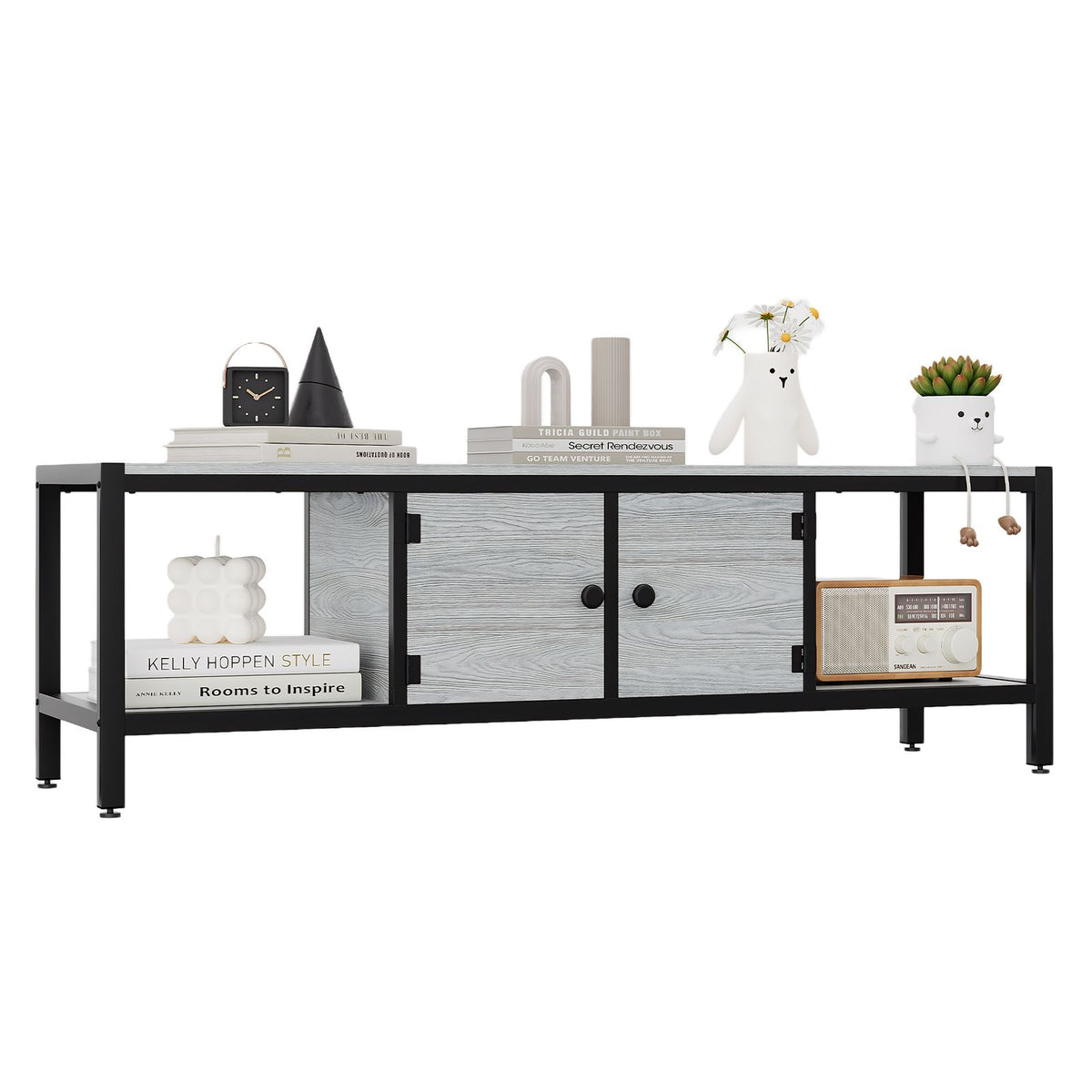 Modern Double Door TV Stand Cabinet with MDF-like - Heavy-Duty Metal, Grey Wood-Look Doors