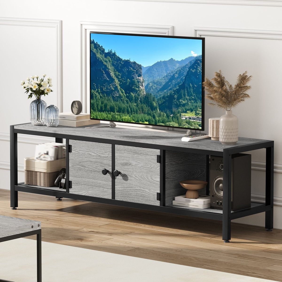 Modern Double Door TV Stand Cabinet with MDF-like - Heavy-Duty Metal, Grey Wood-Look Doors