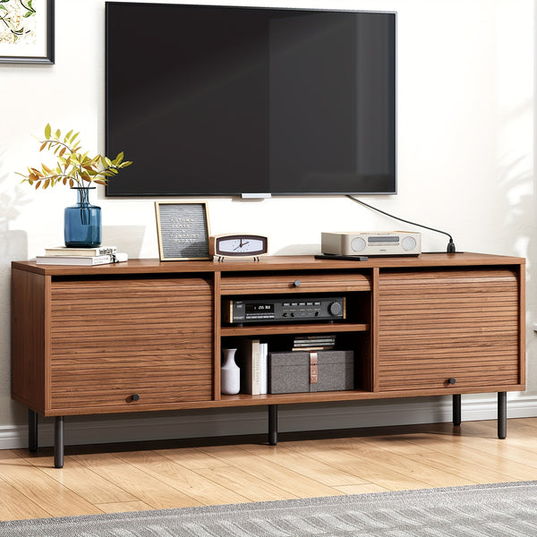 Walnut TV Stand Mid-Century Modern Walnut TV Stand - 59 Inch Entertainment Center with Power Outlet