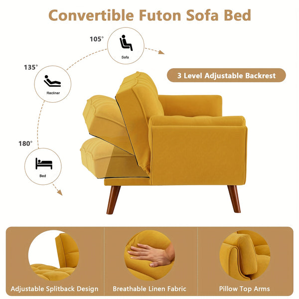 Foldable Sofa Bed, Linen Sleeping Sofa, 75-inch Wide Modern Three-seater Quilted Sofa