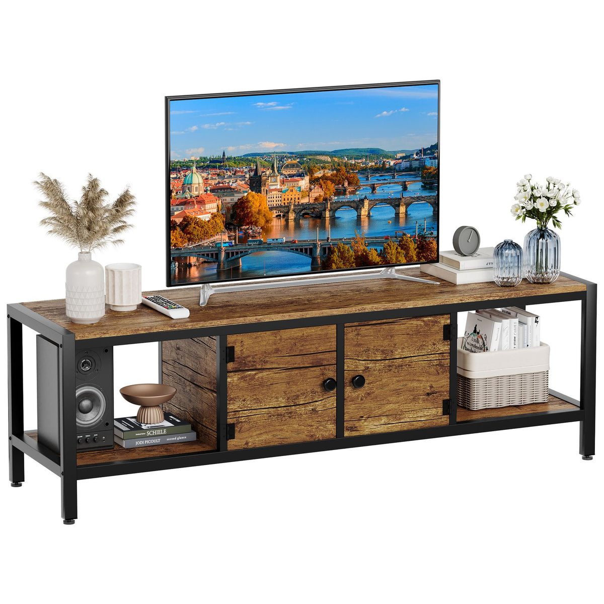 Modern Double Door TV Stand Cabinet with MDF-like - Heavy-Duty Metal, Grey Wood-Look Doors