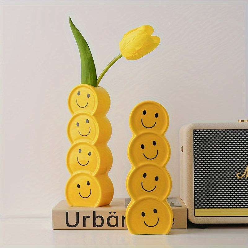 1pc Ceramic Happy Face Bud Vase, Art Deco Cartoon Patterned, Round Shape Boho Centerpiece