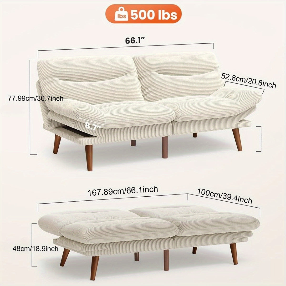 66-75Inch Futon Sofa Bed with Adjustable Backrest Armrests, Convertible Futon Sofa Couch for Small Spaces