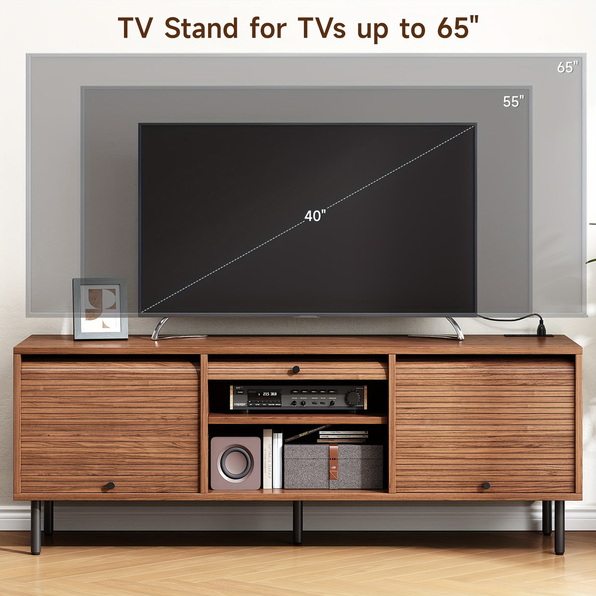 Walnut TV Stand Mid-Century Modern Walnut TV Stand - 59 Inch Entertainment Center with Power Outlet