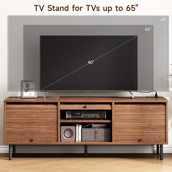 Walnut TV Stand Mid-Century Modern Walnut TV Stand - 59 Inch Entertainment Center with Power Outlet