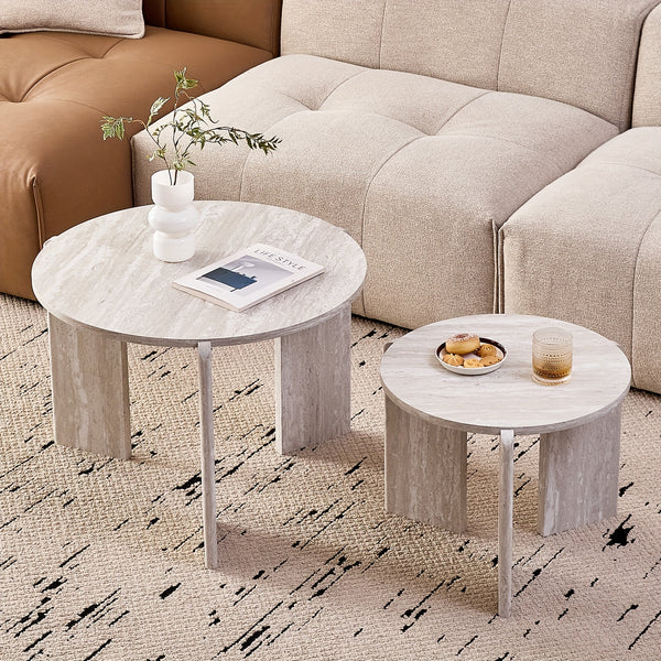 Two Sets of Round Nesting Coffee Tables, Mid-Century Modern Round Side Tables