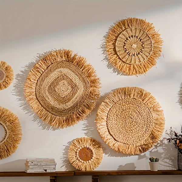 Bohemian style raffia wall decoration - artificial wood geometric circular design, natural beige tone