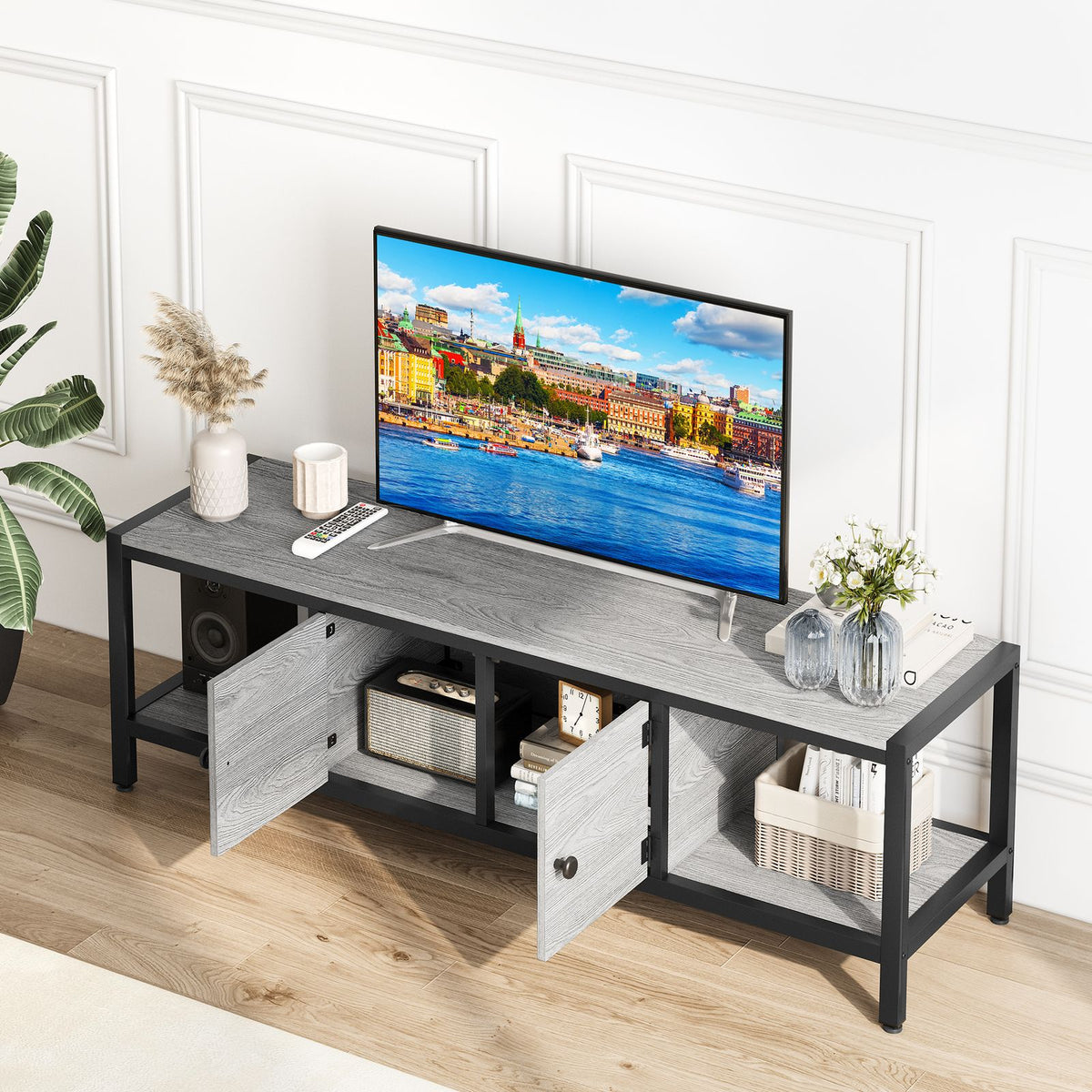 Modern Double Door TV Stand Cabinet with MDF-like - Heavy-Duty Metal, Grey Wood-Look Doors