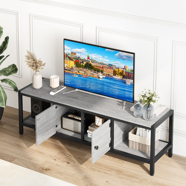 Modern Double Door TV Stand Cabinet with MDF-like - Heavy-Duty Metal, Grey Wood-Look Doors