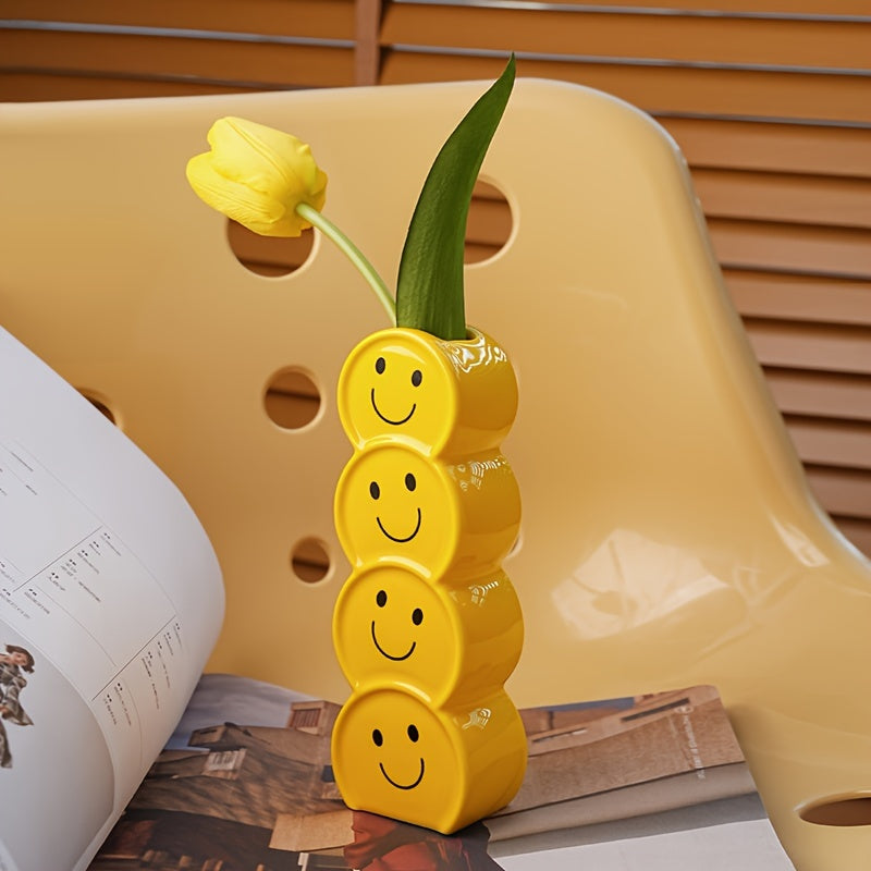 1pc Ceramic Happy Face Bud Vase, Art Deco Cartoon Patterned, Round Shape Boho Centerpiece