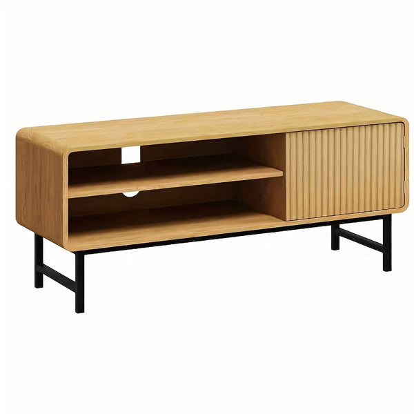 45-Inch Modern Farmhouse Boho TV Stand with Storage Cabinets & Open Shelves - Light Wood Veneer Finish Entertainment Center