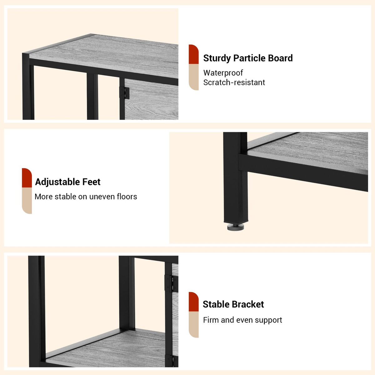 Modern Double Door TV Stand Cabinet with MDF-like - Heavy-Duty Metal, Grey Wood-Look Doors