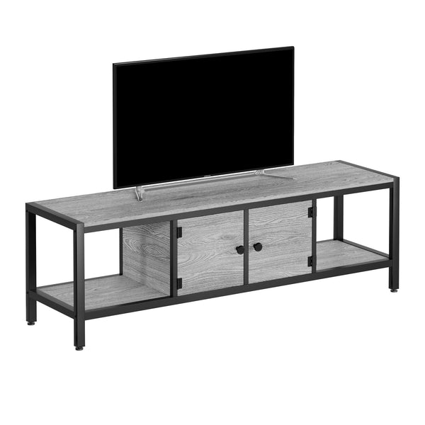 Modern Double Door TV Stand Cabinet with MDF-like - Heavy-Duty Metal, Grey Wood-Look Doors