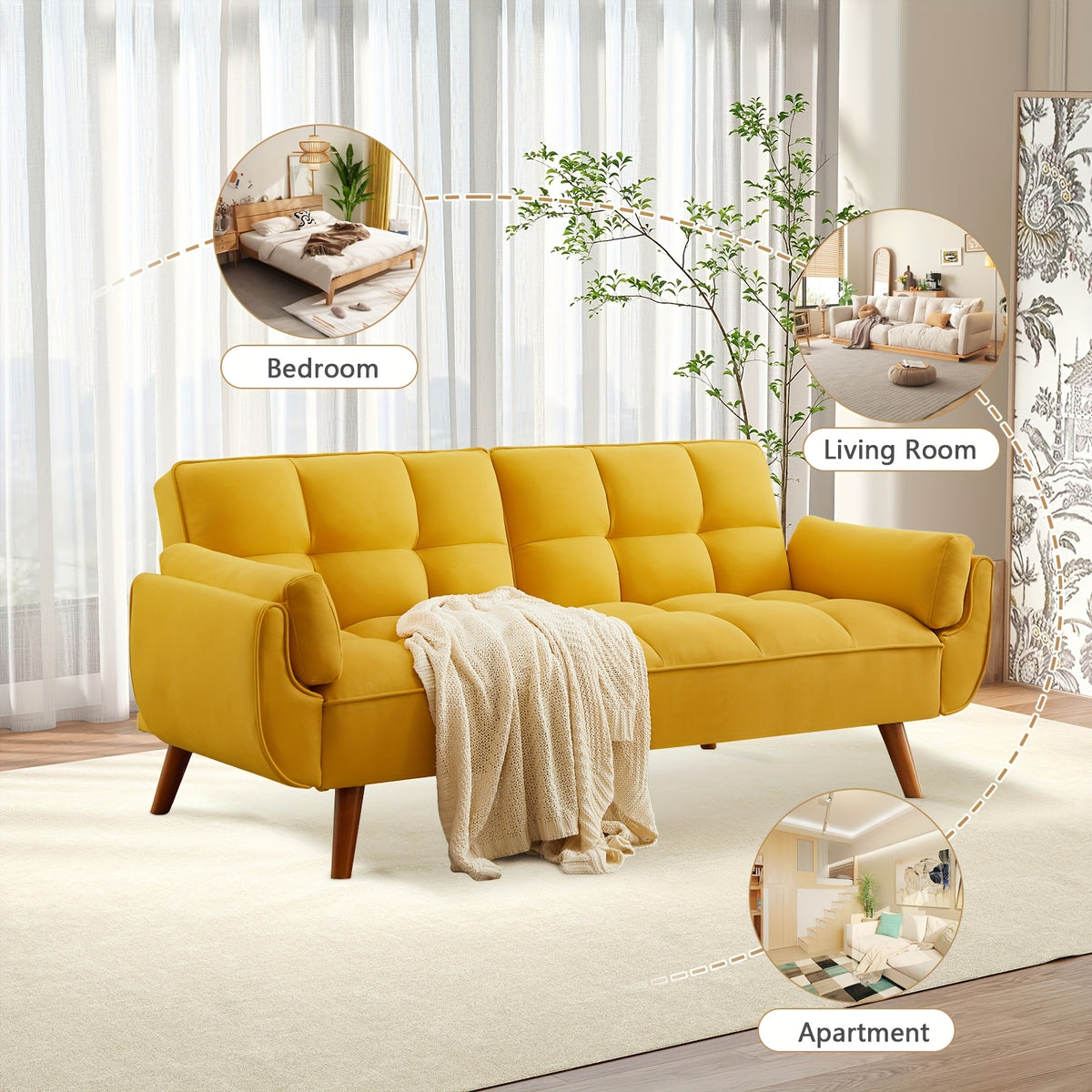 Foldable Sofa Bed, Linen Sleeping Sofa, 75-inch Wide Modern Three-seater Quilted Sofa