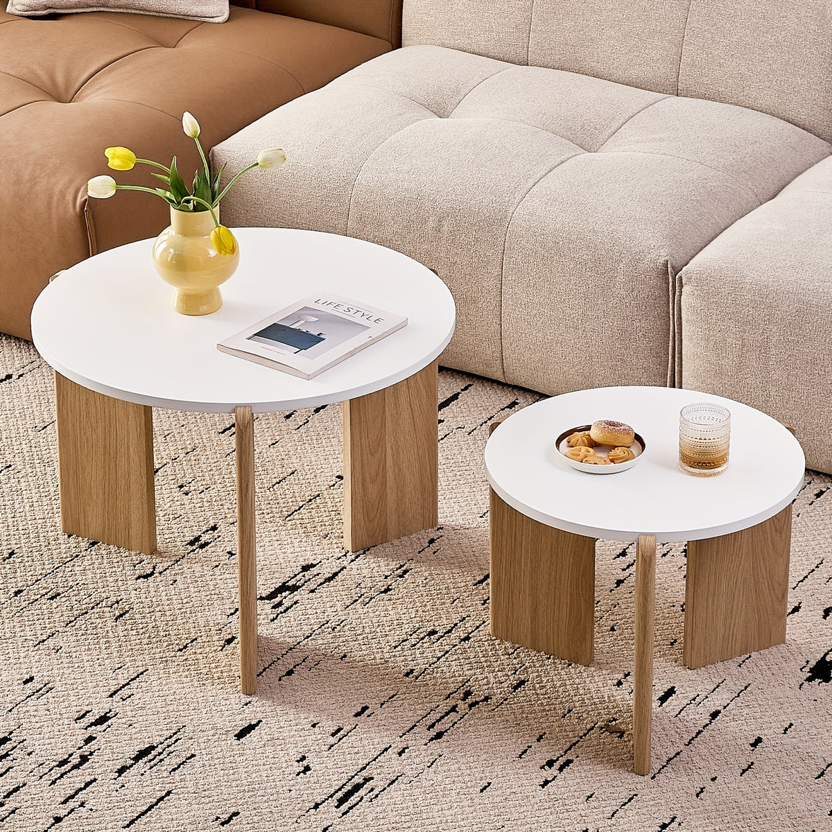 Two Sets of Round Nesting Coffee Tables, Mid-Century Modern Round Side Tables